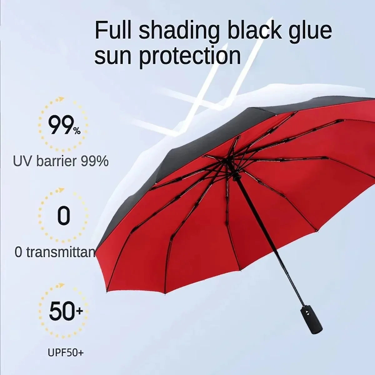 A red umbrella with black full shading and UV protection features is shown against a light blue sky.