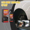 A bottle of Rust Remover Lubricant spray next to a white car body showing rust removal before and after.