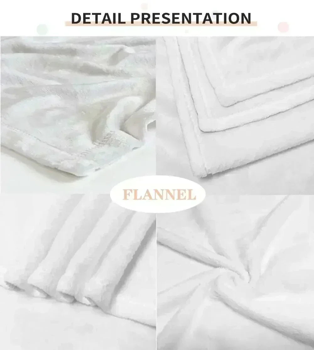 Close-up detail presentation of a white flannel throw blanket showing soft texture and folds.
