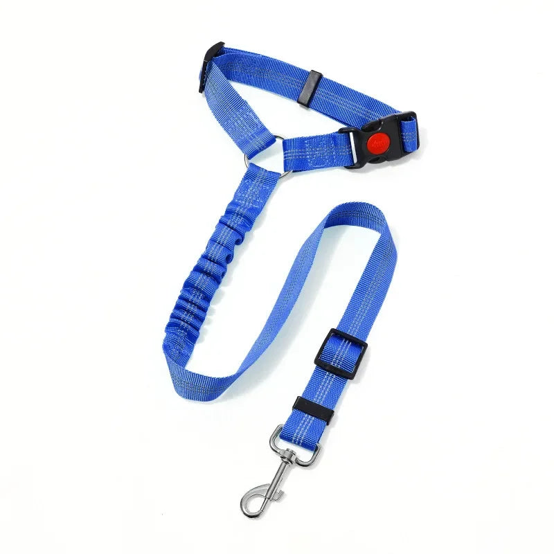 Blue adjustable reflective dog car safety harness with a 2-in-1 headrest strap