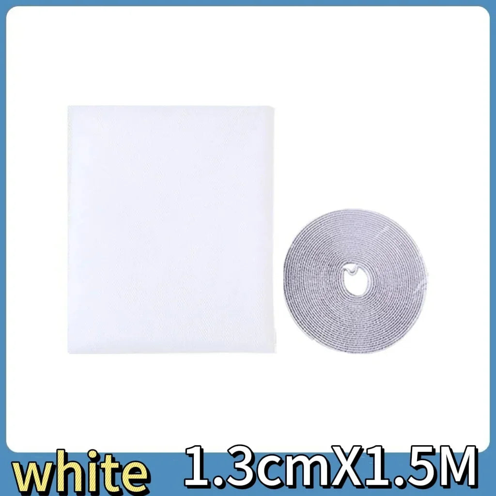 White self-adhesive mosquito net for windows, 1.3cm x 1.5m roll and sheet.