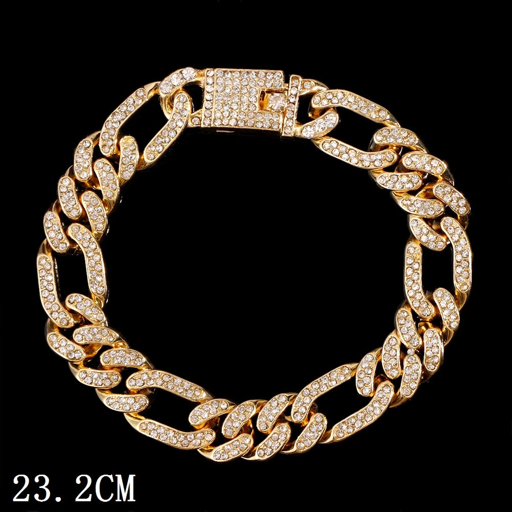 A gold iced-out Cuban link bracelet shown against a black background.