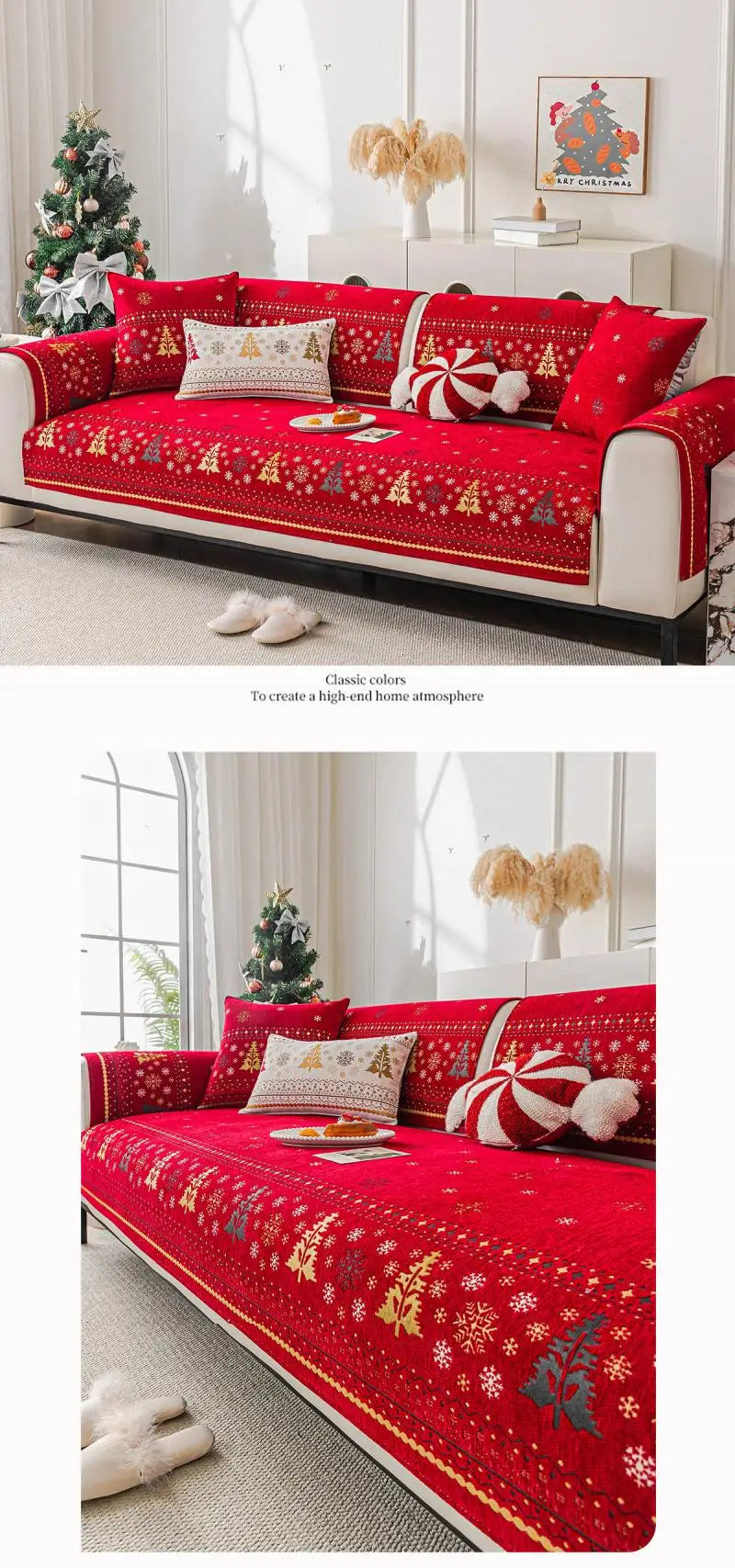 A red Christmas tree patterned sofa cover displayed on a white sofa with a gold-colored fluffy decoration.