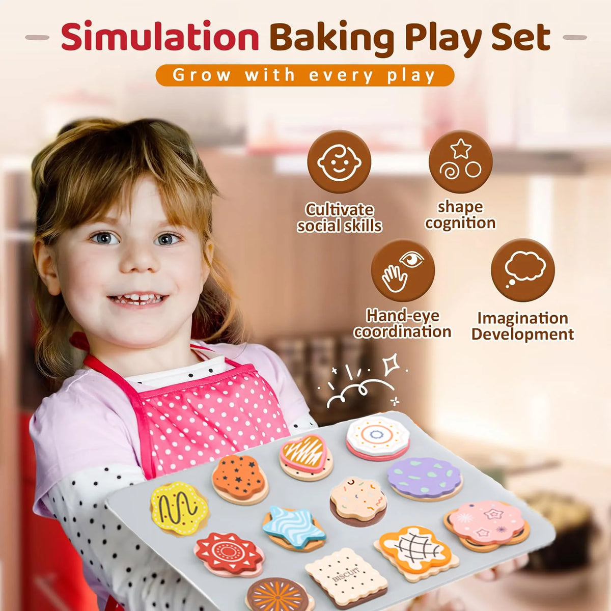 A young girl is holding a simulation baking play set with various cookie shapes and tools for imaginative play.