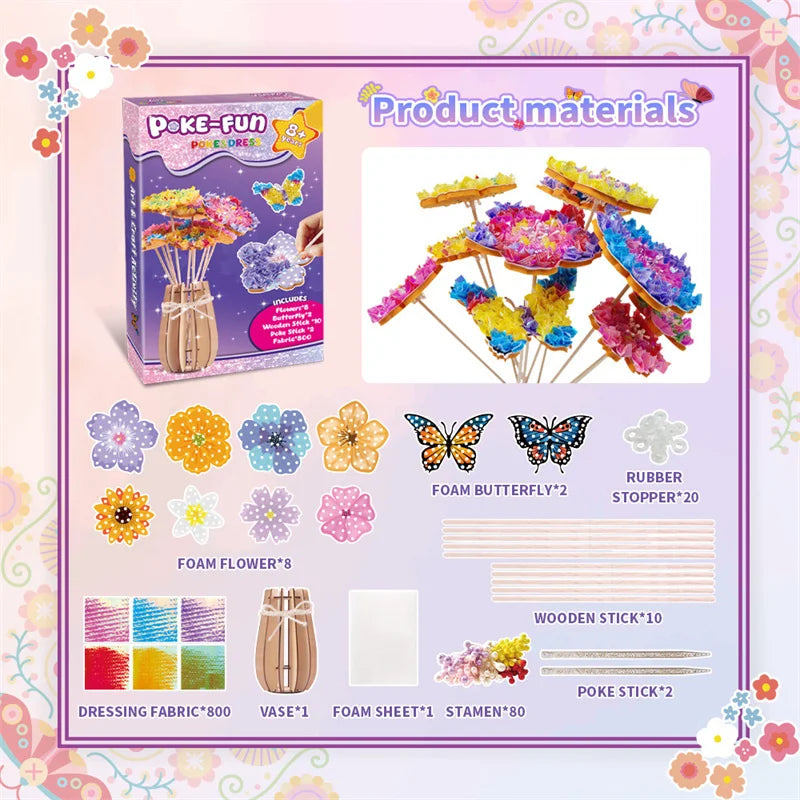 A DIY craft kit for kids featuring fabric flowers, foam butterflies, and wooden sticks for a Poke-Fun project.