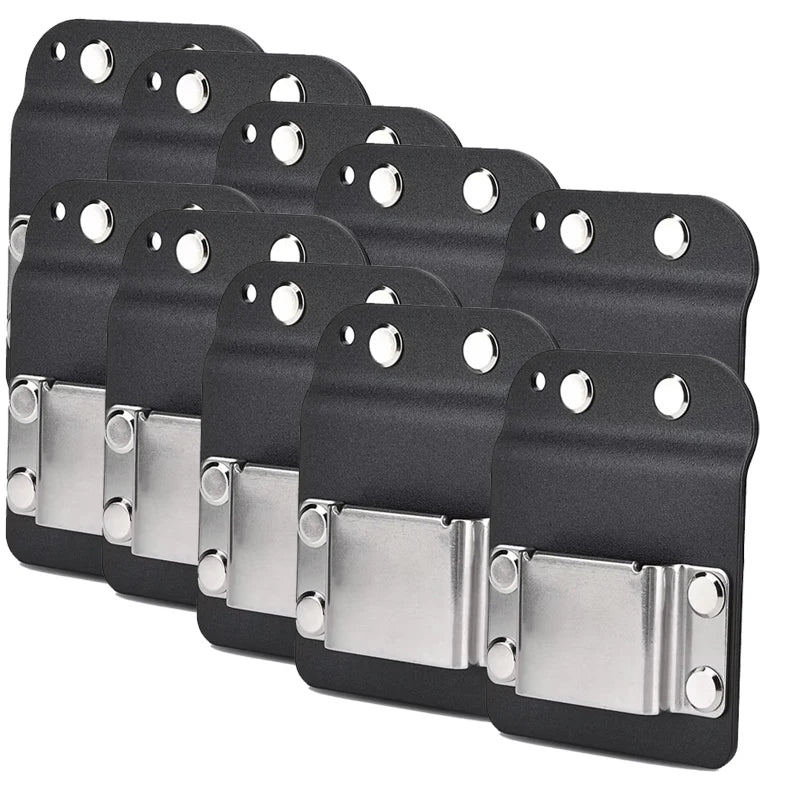 A set of black clip-on tool belt holsters designed for securing drills and power tools.