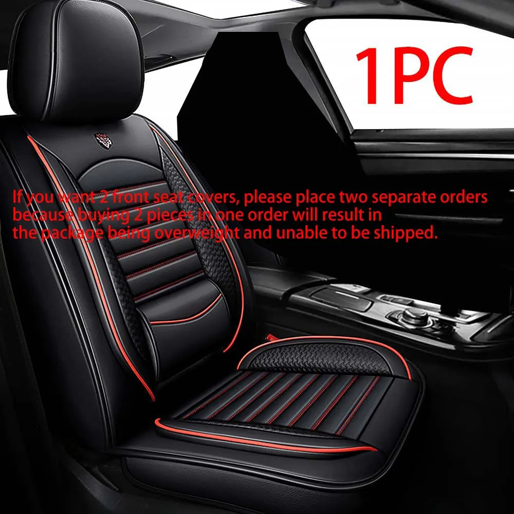 One piece of black leather car seat covers installed in a vehicle interior.