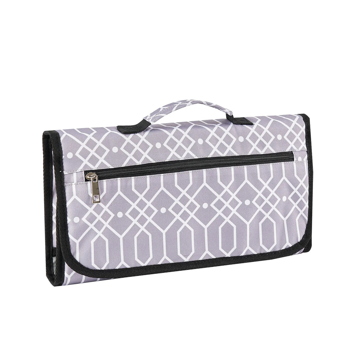 A gray and white patterned foldable waterproof baby changing pad with a black handle.