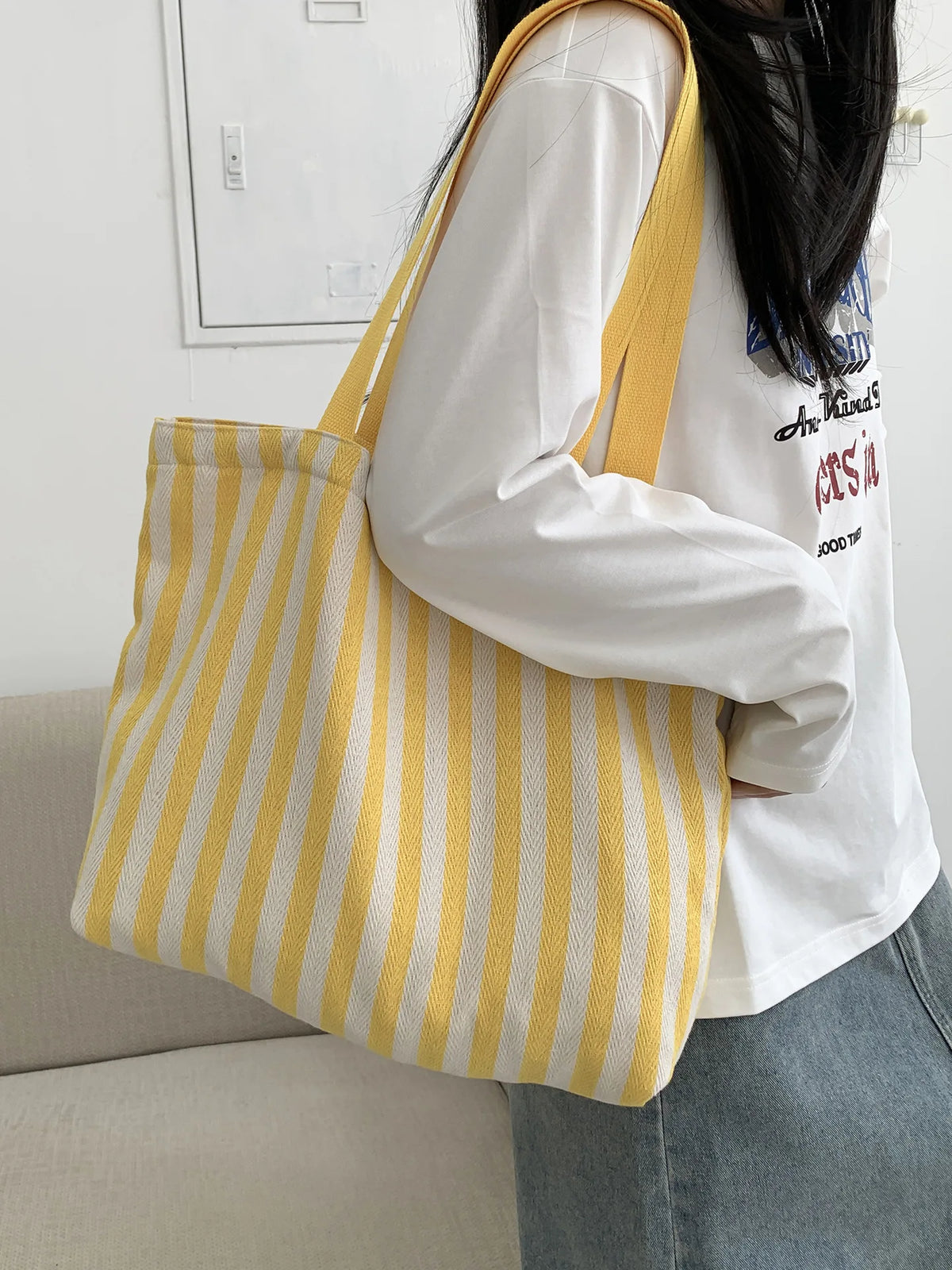 Striped Canvas Shoulder Tote Bag