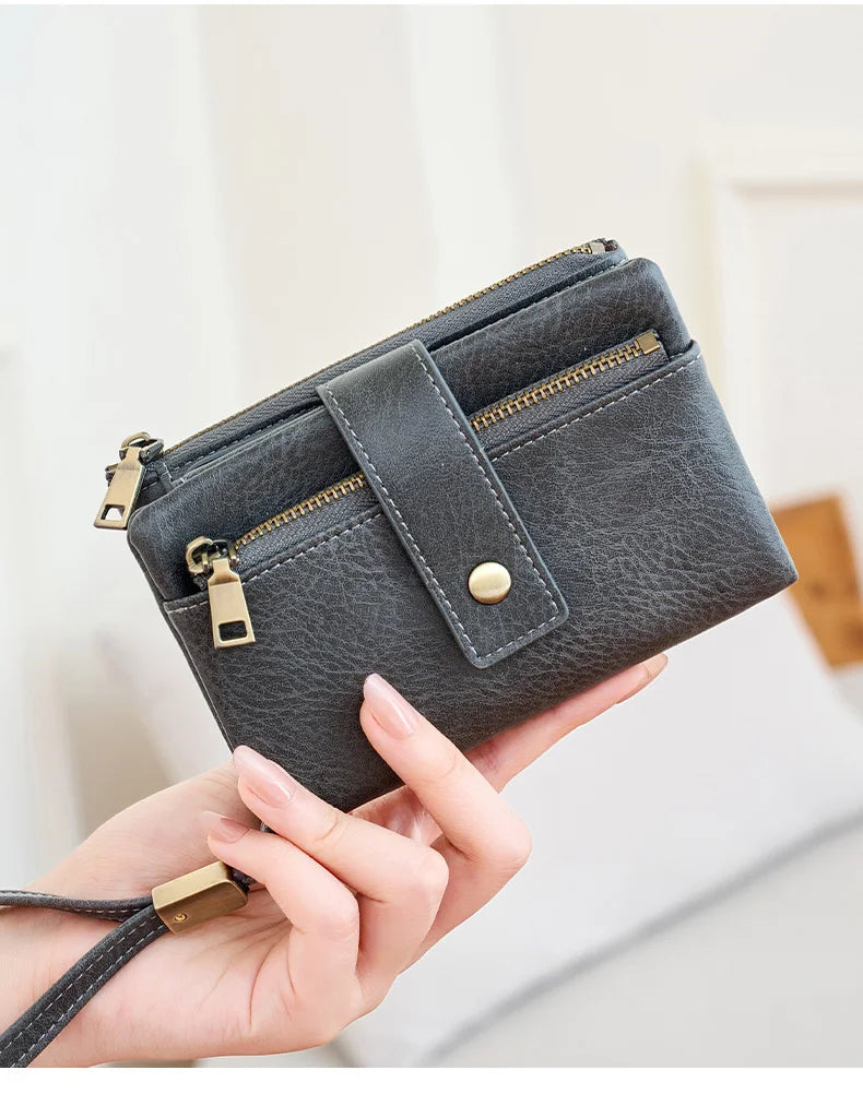 Vintage RFID-Blocking Triple-Fold Wallet with Double Zipper