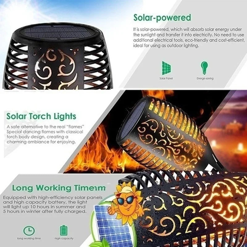 A black solar torch light with decorative patterns, shown next to a campfire.