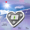 A heart-shaped solar-powered light device with a Type-C switch and key socket, shown against a background of solar panels.