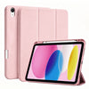 A pink magnetic flip tablet case shown alongside a tablet, with a pencil holder visible.