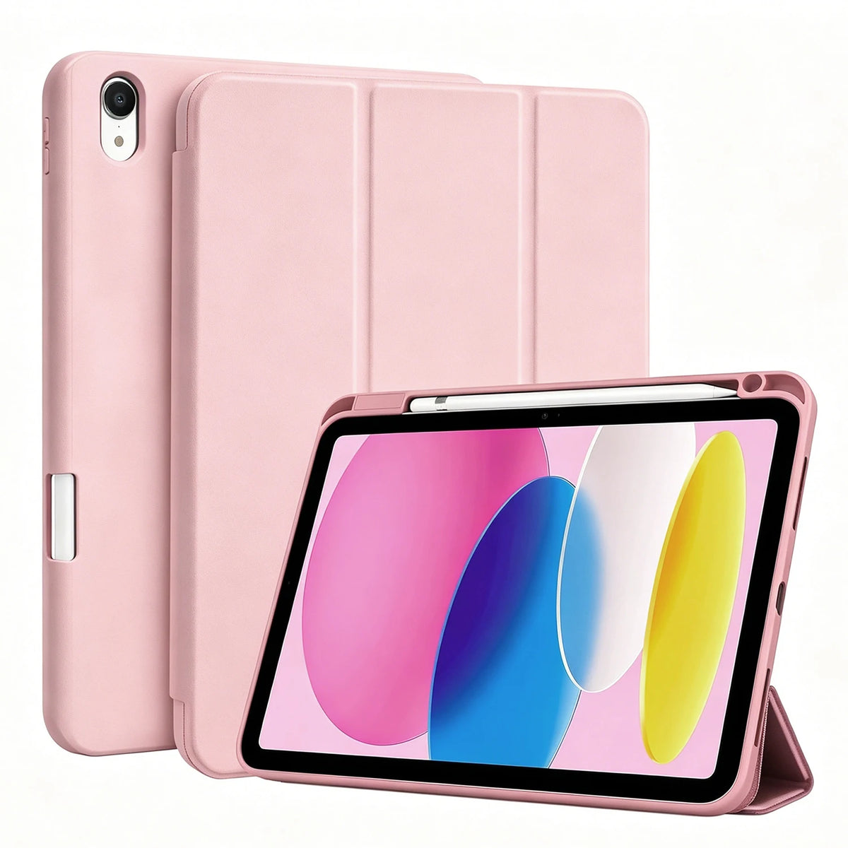 A pink magnetic flip tablet case shown alongside a tablet, with a pencil holder visible.