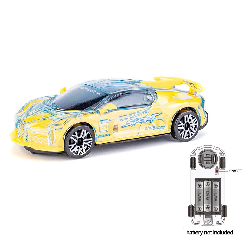Yellow police car toy with blue lights and sounds, battery not included.