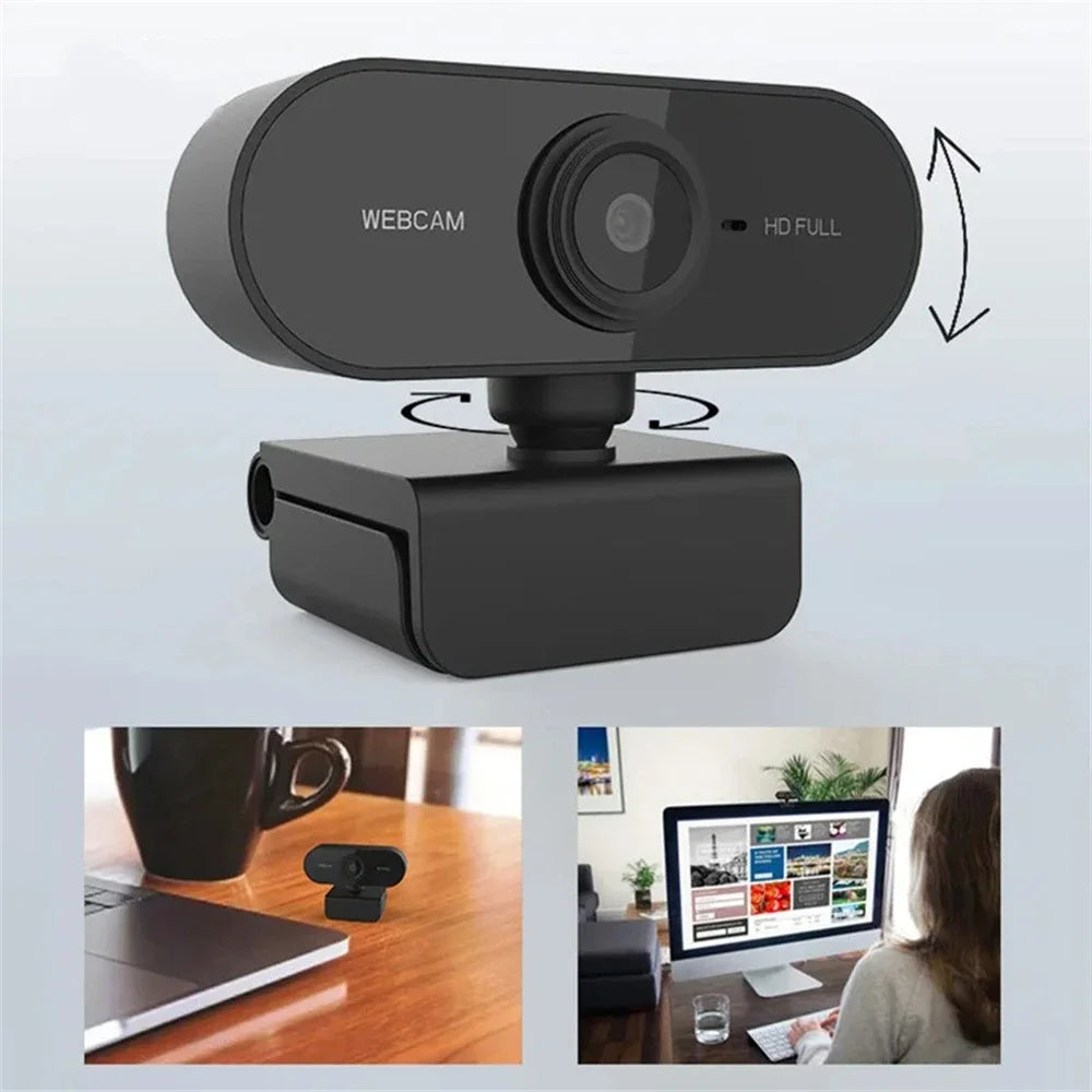 Schwarzes HD-Webcam-Gerät mit Nahaufnahmen seiner Funktionen und Verwendung auf einem Schreibtisch.
