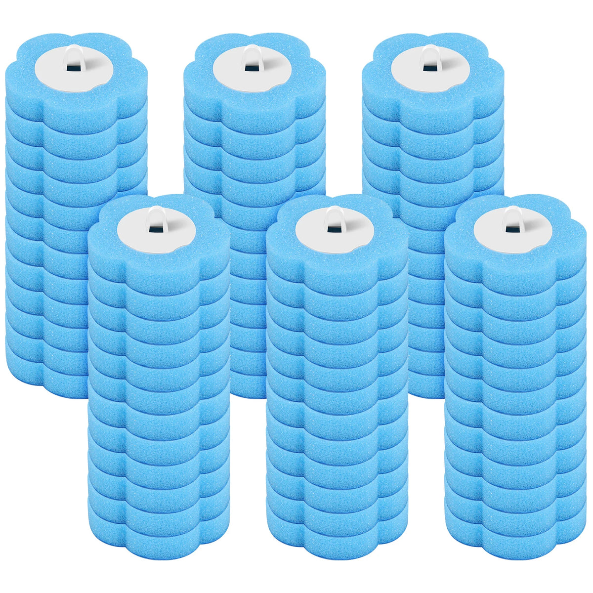 A set of blue disposable toilet brushes with auto-open holders.