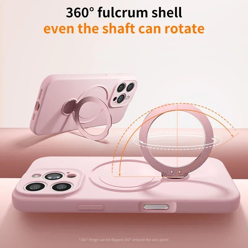 Pink magnetic silicone case with a rotating fulcrum shell design for an iPhone