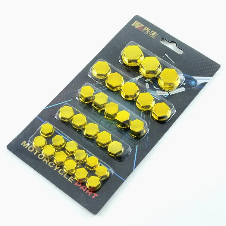 A plastic package containing a set of 30 gold-colored decorative bolt caps for motorcycle screws.