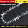 Silver luxury alloy rounded corners drive links for a 3/8 LP 050 14-inch chainsaw blade.