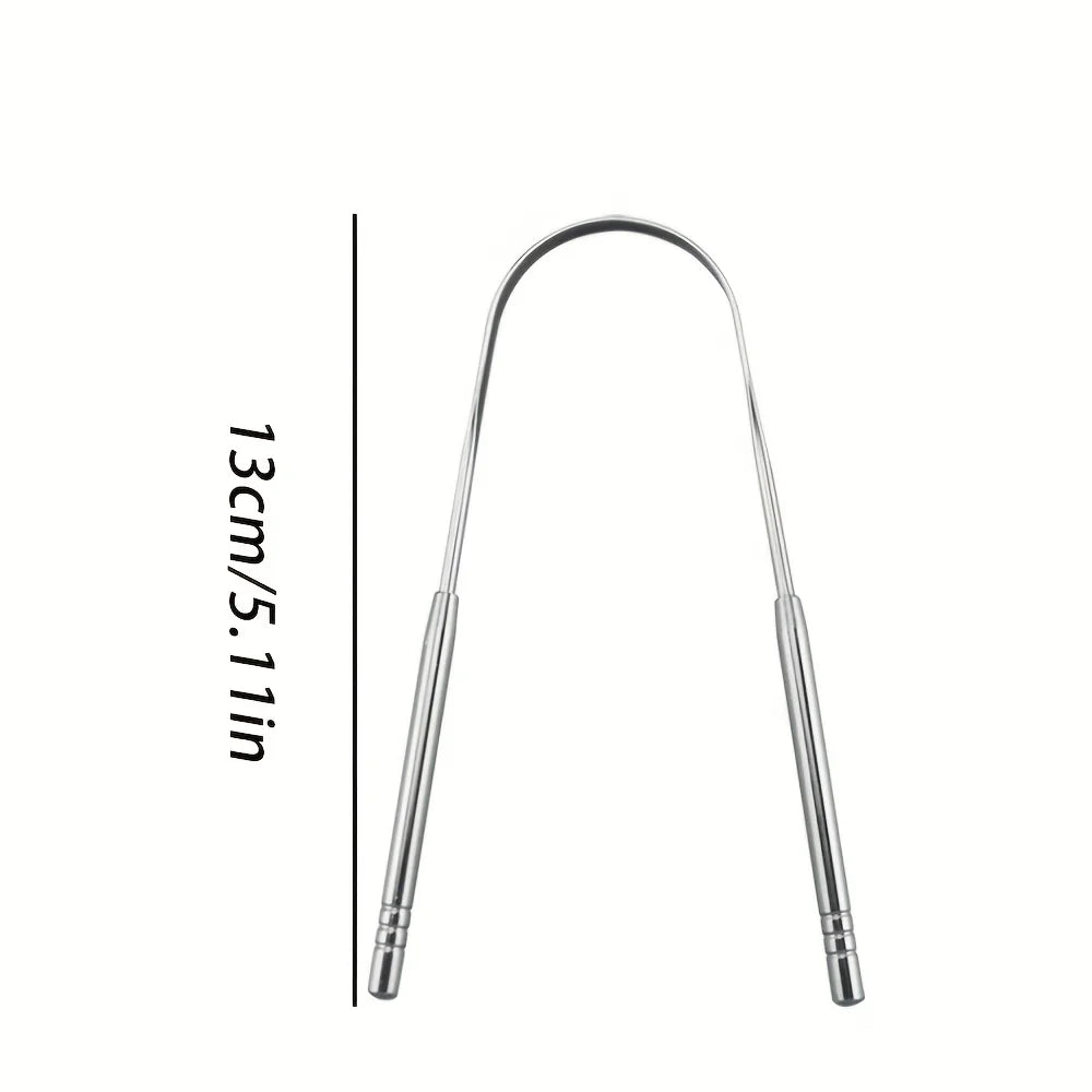 Stainless steel tongue scraper with a handle, shown vertically.