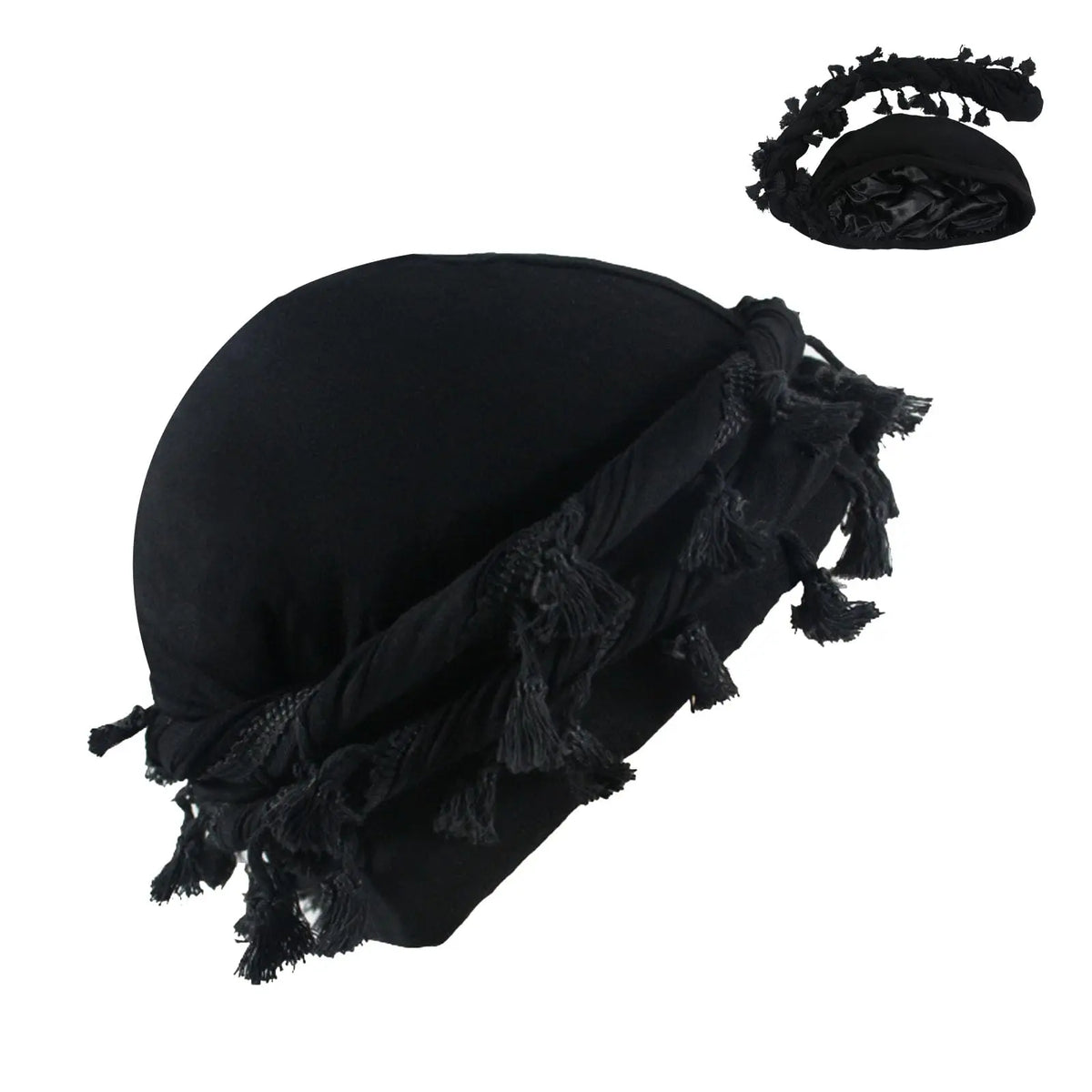 Black vintage twist head wrap with tassels shown next to a separate accessory.