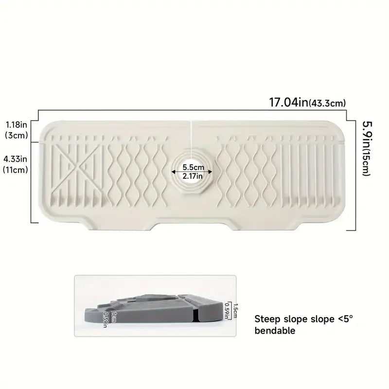 A white non-slip silicone kitchen sink mat with a drain tray shown flat and a close-up of its bendable feature.