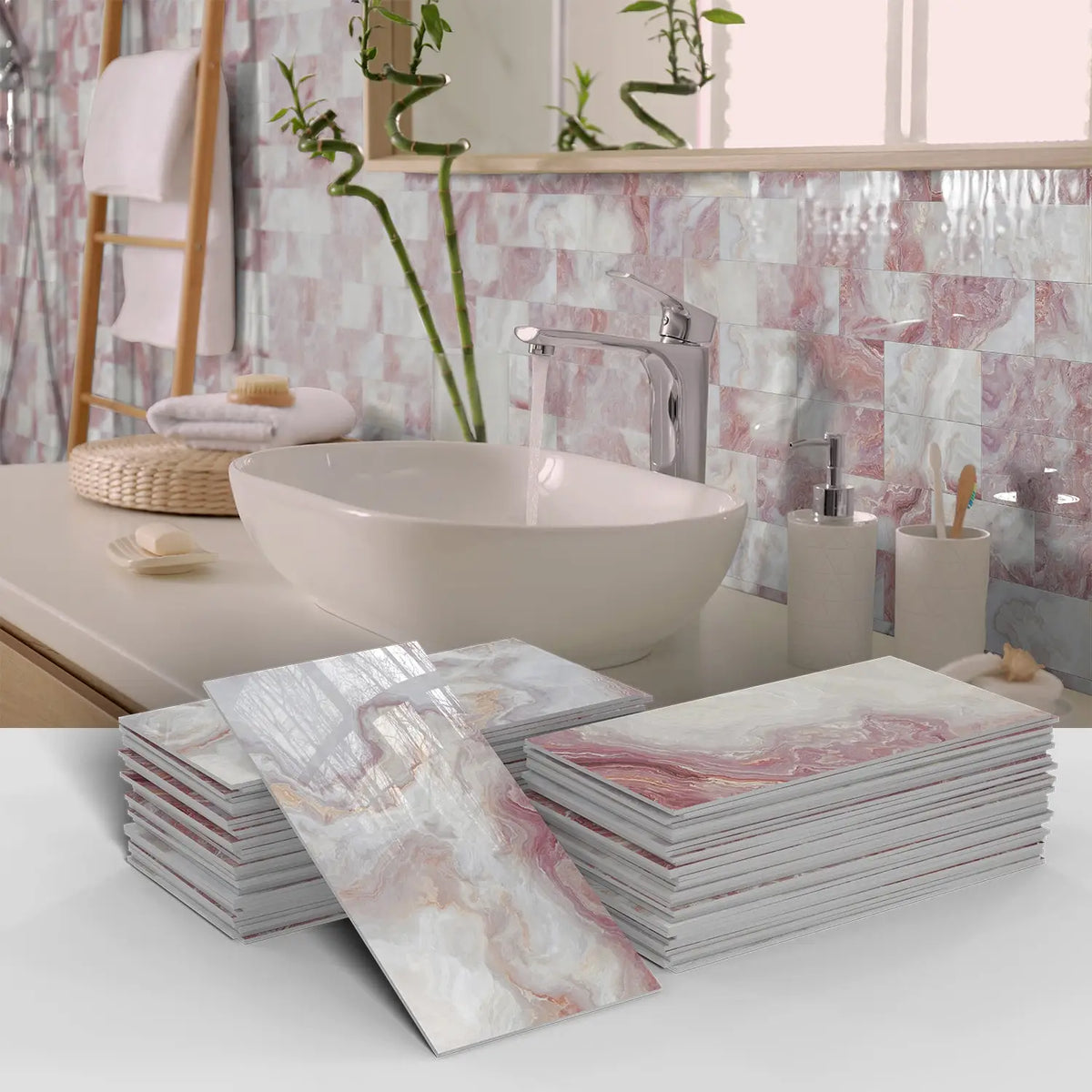 A collection of marble self-adhesive wall stickers in various shades and patterns displayed on a white surface.
