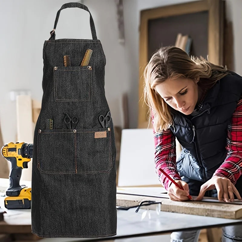 A dark gray multi-pocket denim and waxed canvas work apron hanging on a wooden surface.