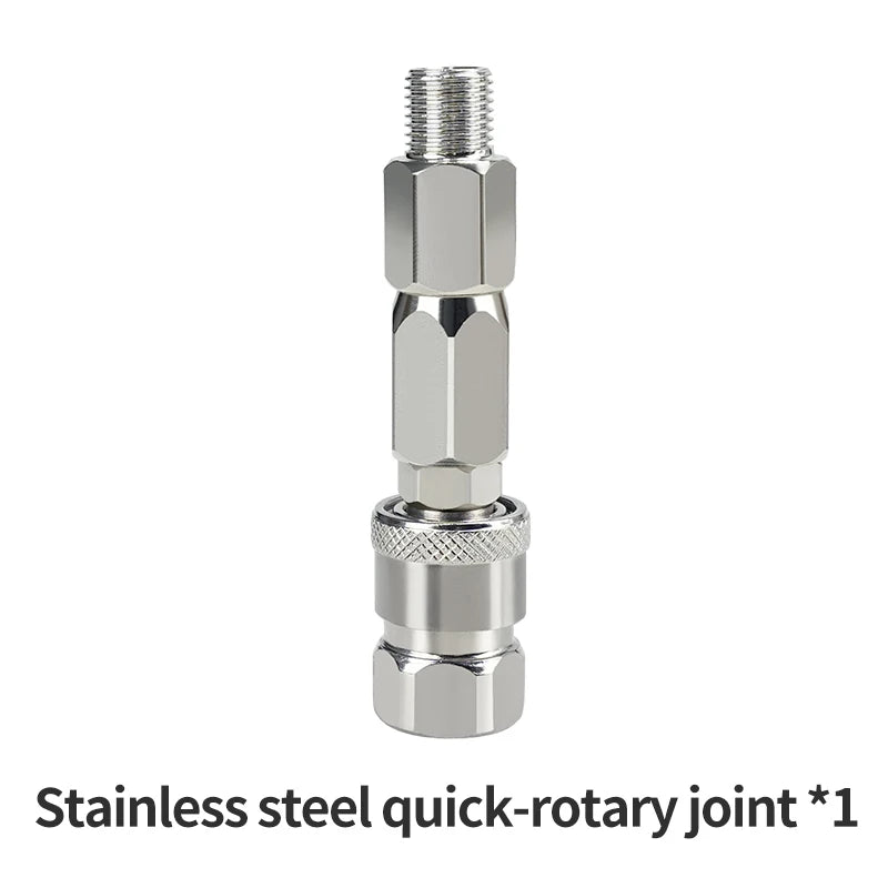 A silver stainless steel quick-rotary joint connector for airless spray hoses.