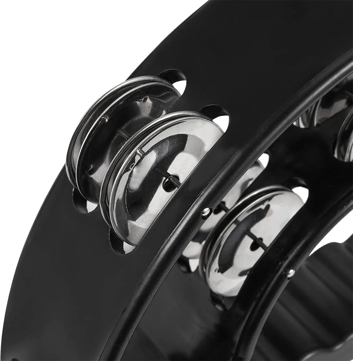 Close-up of a black half-moon tambourine with double row metal jingles.