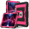 A pink and black dual-color protective case for iPads is shown, with one tablet visible inside the open case.