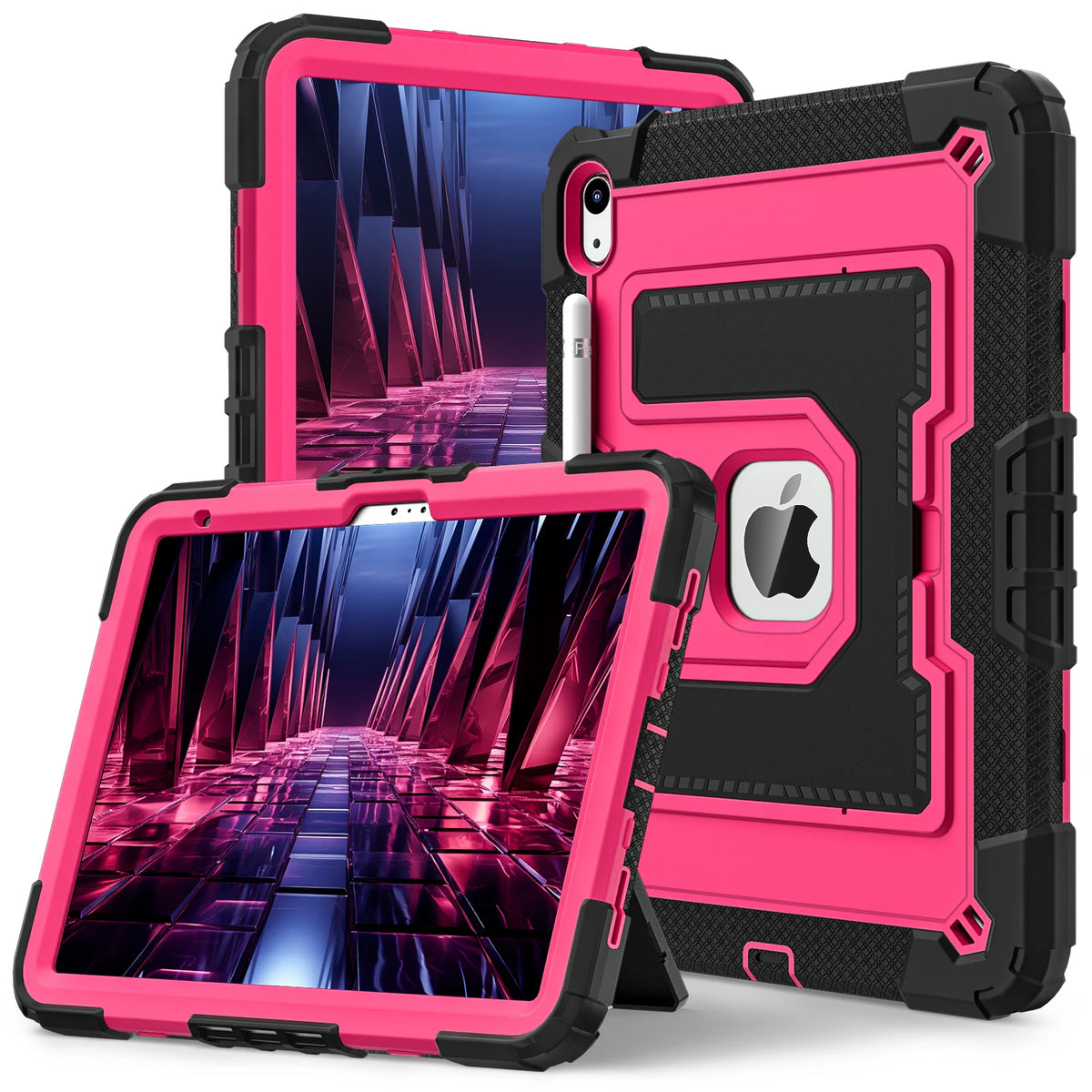 A pink and black dual-color protective case for iPads is shown, with one tablet visible inside the open case.