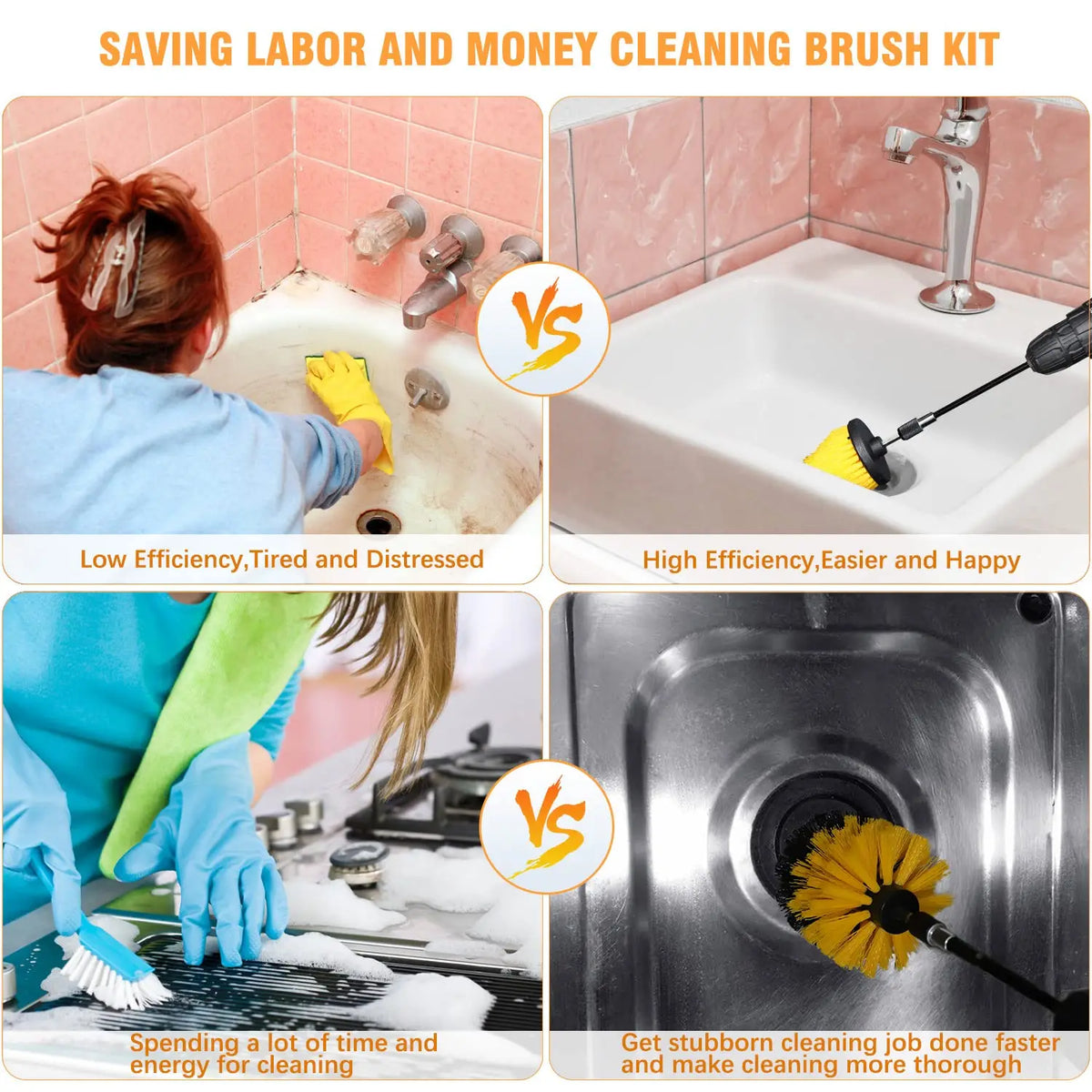 Comparison showing a cleaning brush kit saving labor and money versus the effort of traditional cleaning.