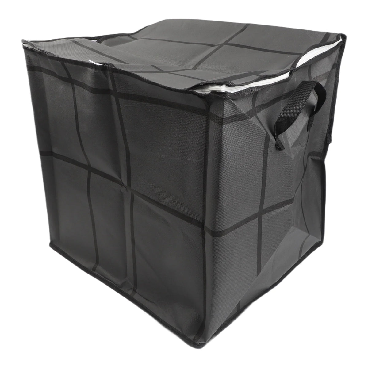 A black foldable large-capacity wardrobe storage bag with a grid pattern and a zipper.