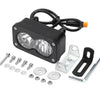 Black high-intensity waterproof LED pod spotlight headlight with wiring and mounting hardware.