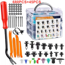 A plastic push-pin auto trim fastener assortment kit showing various colored and sized pins and clips.