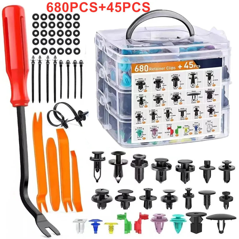 A plastic push-pin auto trim fastener assortment kit showing various colored and sized pins and clips.