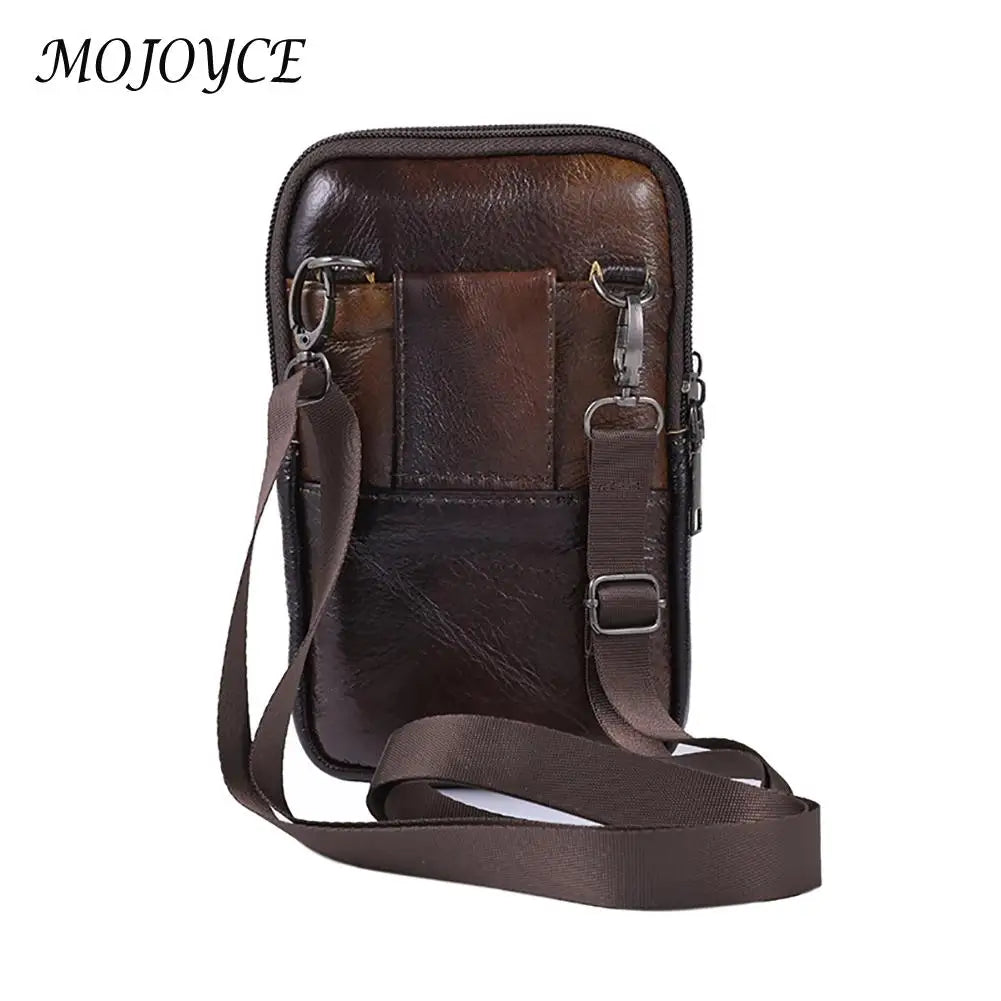 A dark brown vintage genuine cowhide leather crossbody sling bag with a leather strap.
