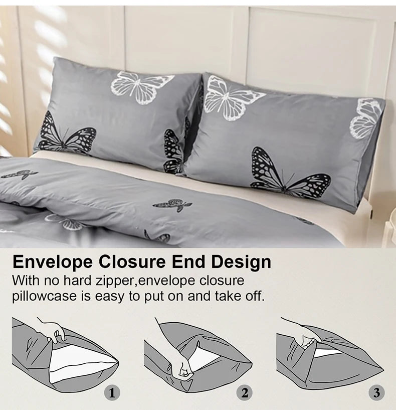 Gray butterfly print pillowcases and duvet cover set demonstrating the envelope closure end design
