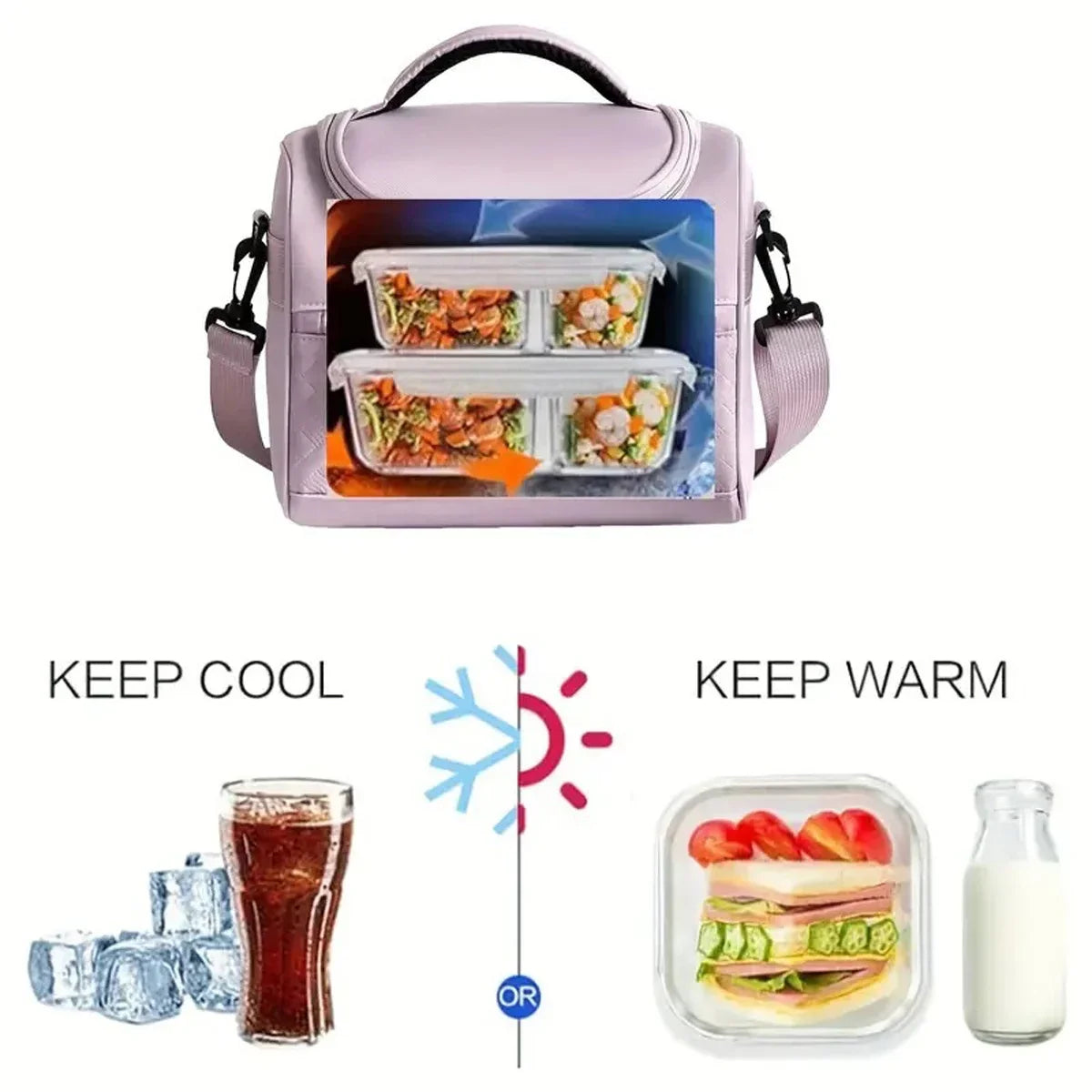 Bolsa térmica rosa con correa acolchada para mantener la comida fresca y caliente.
