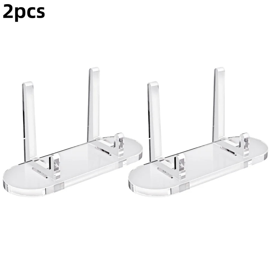 Two clear acrylic photo and card display stands with vertical holders.
