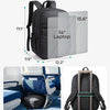 Black laptop backpack shown next to a laptop and a chair, demonstrating fit under-seat and pass-through strap features.
