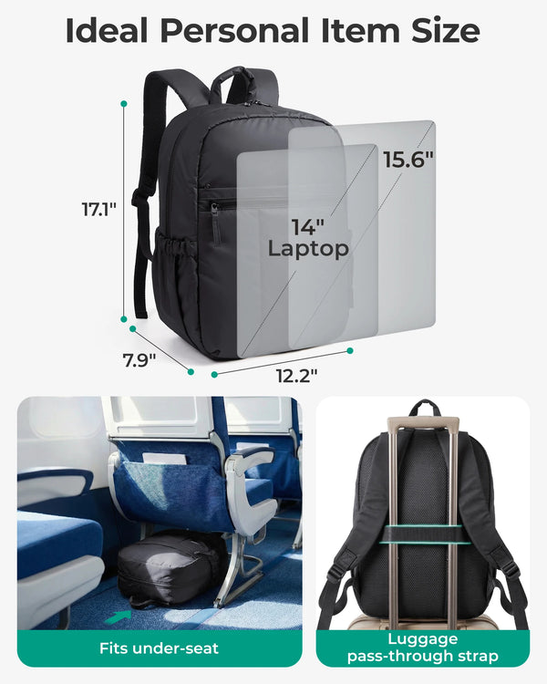 Black laptop backpack shown next to a laptop and a chair, demonstrating fit under-seat and pass-through strap features.