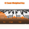 A close-up view of a 61 semi-weighted key piano showing the low, range, and high keys.