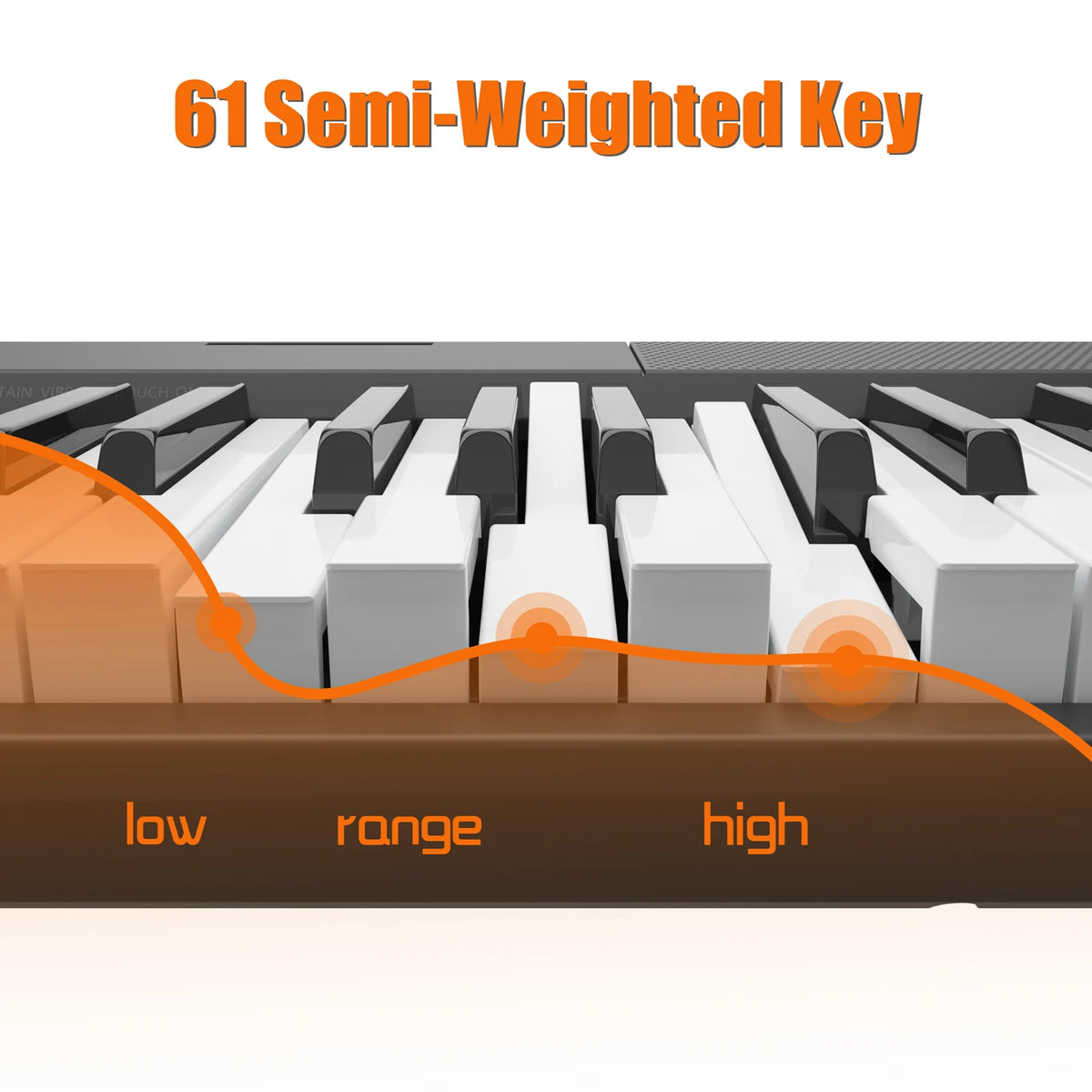 A close-up view of a 61 semi-weighted key piano showing the low, range, and high keys.