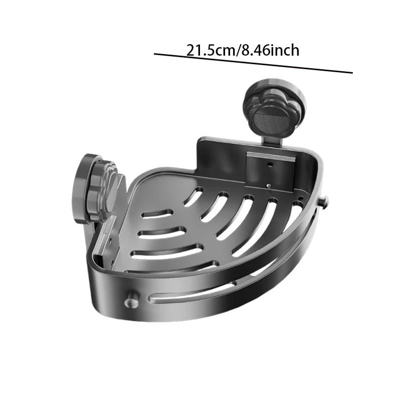 A silver corner shower caddy with suction cups and a removable lid, designed as a no-drill bathroom organizer.