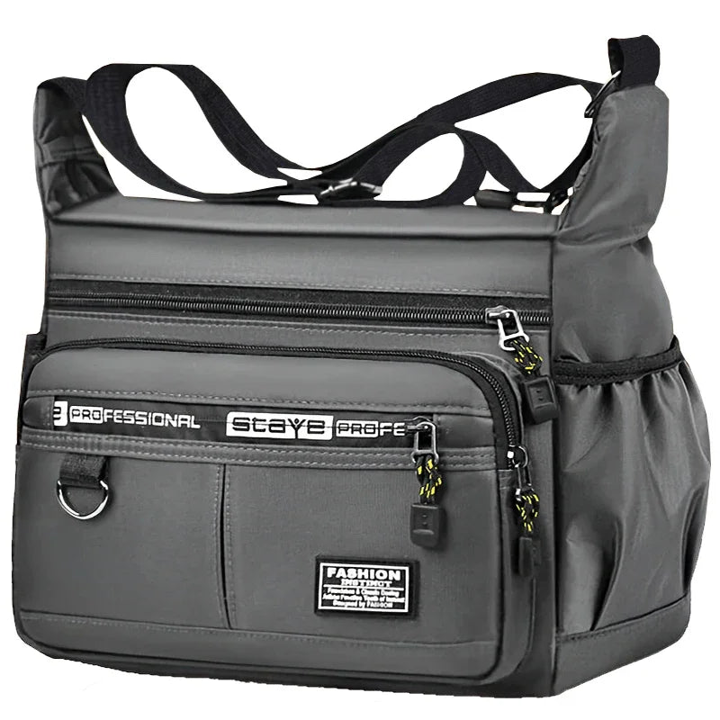 A gray men's business crossbody bag with multiple zippered pockets and adjustable straps.