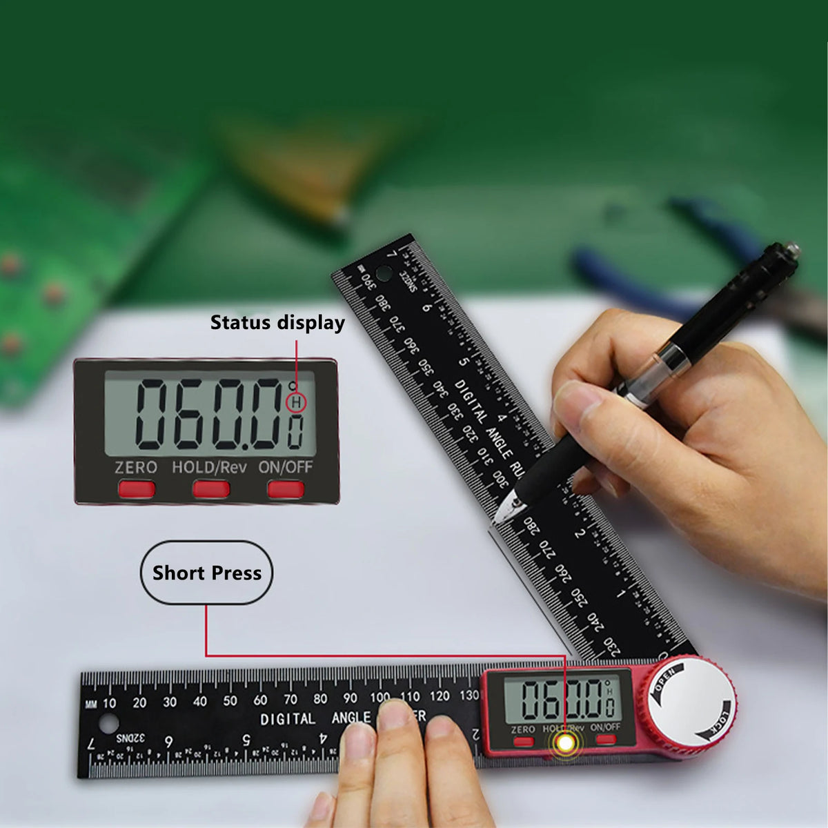 A hand holds a digital angle ruler displaying 060.0 degrees, demonstrating its measurement capability.