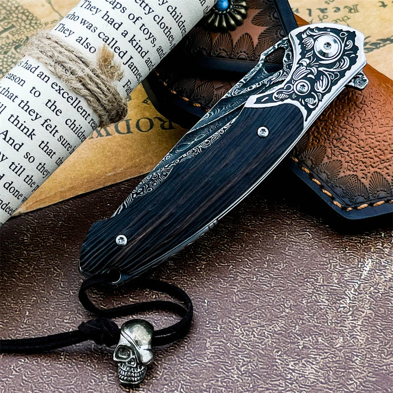 Cuchillo Plegable de Acero Damasco con Mango de Ébano